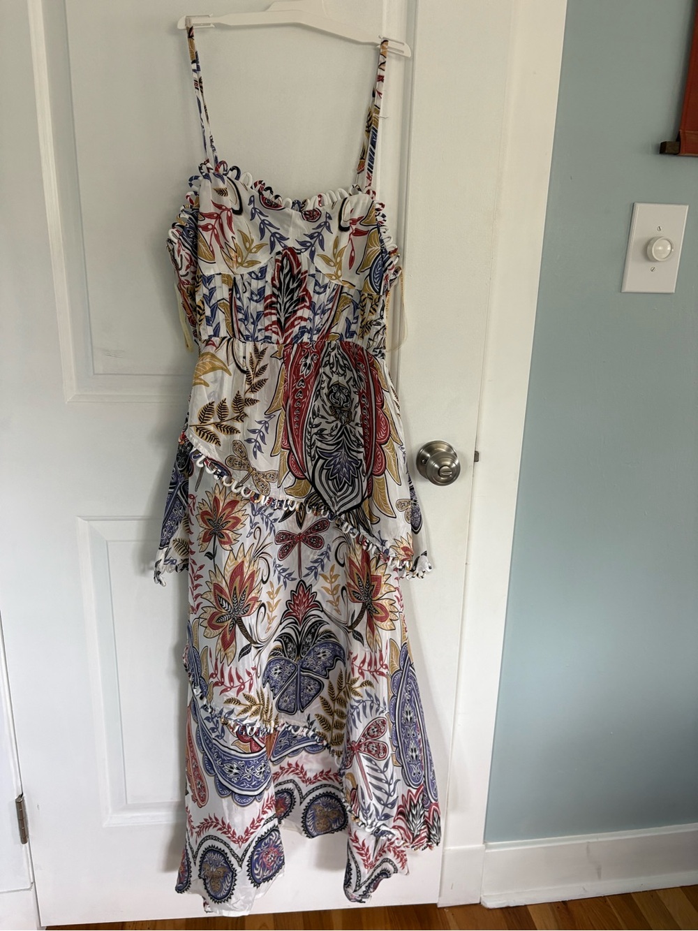 FARM Rio White Maxi Dress with Red, Blue & Gold Paisley Print